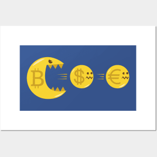 Funny Bitcoin Cartoon Eating Dollar and Euro Crypto Merch Pac Posters and Art